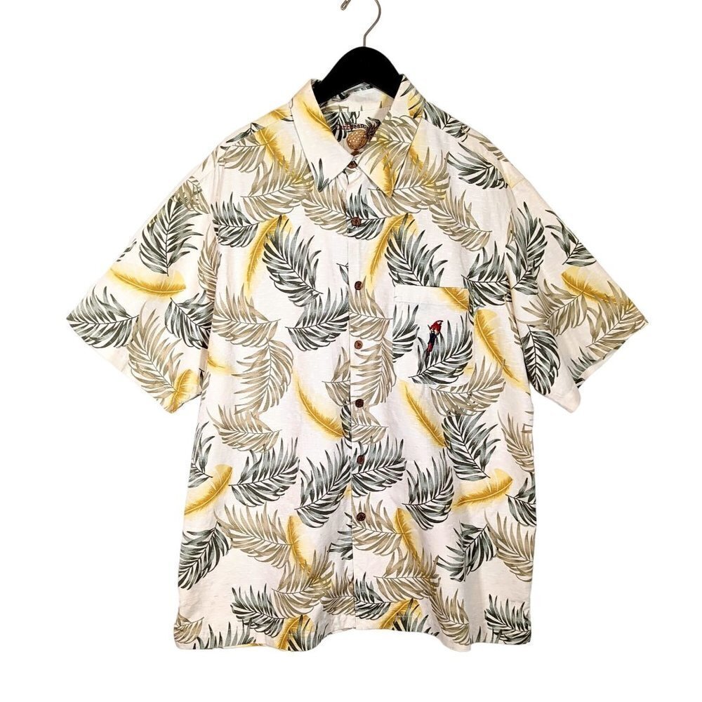 Men's XL Caribbean Pineapple Silk Hawaiian Shirt Palm Frond Embroidered Parrot